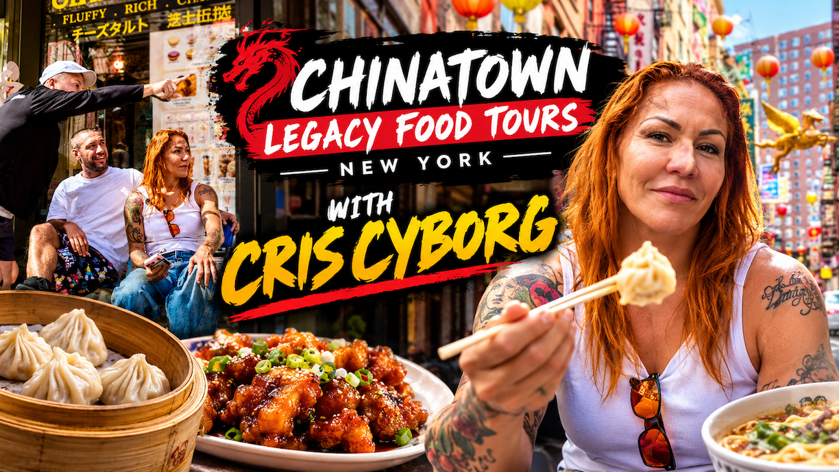 Cris Cyborg exploring New York City's Chinatown with Chinatown Legacy Tours on a guided Asian food walking tour.